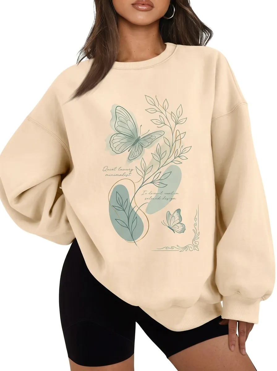 Women's Minimalist Butterfly Botanical Printed Sweatshirt