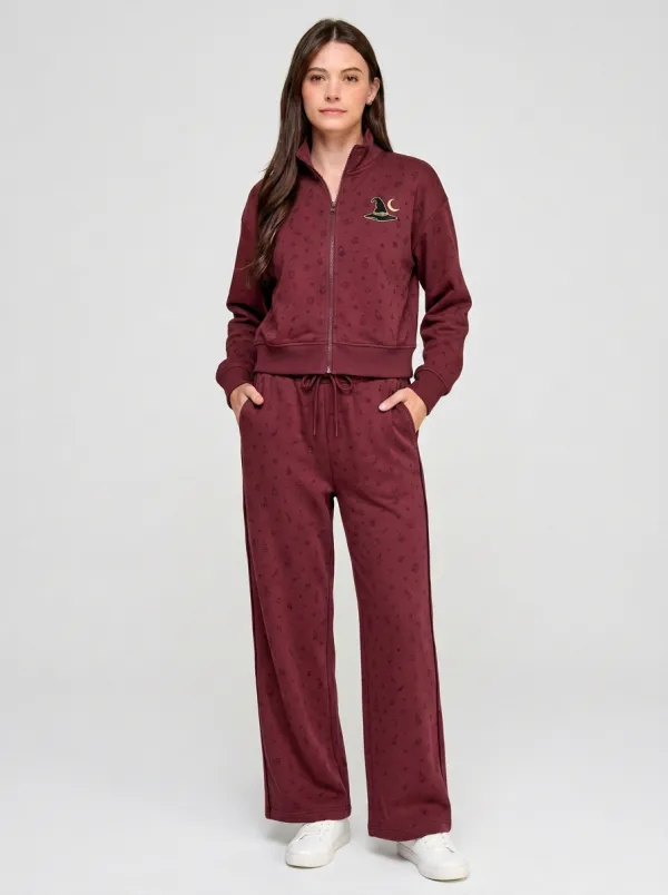 Women's Halloween Witch Hat Moon Printed Zip-up Tracksuit