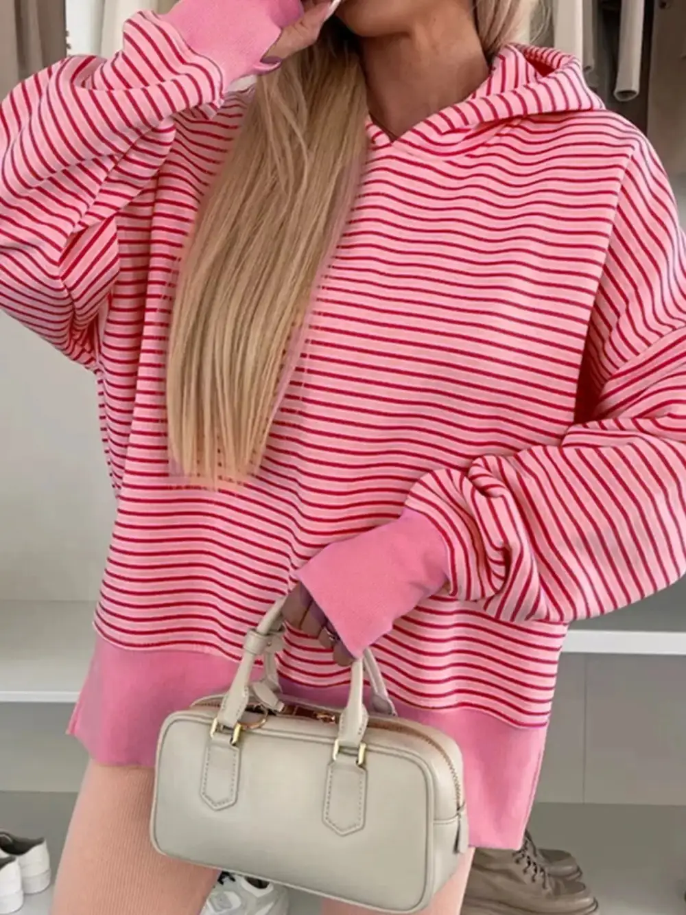 Drawstring Kangaroo-Pocket Oversized Striped Hoodie