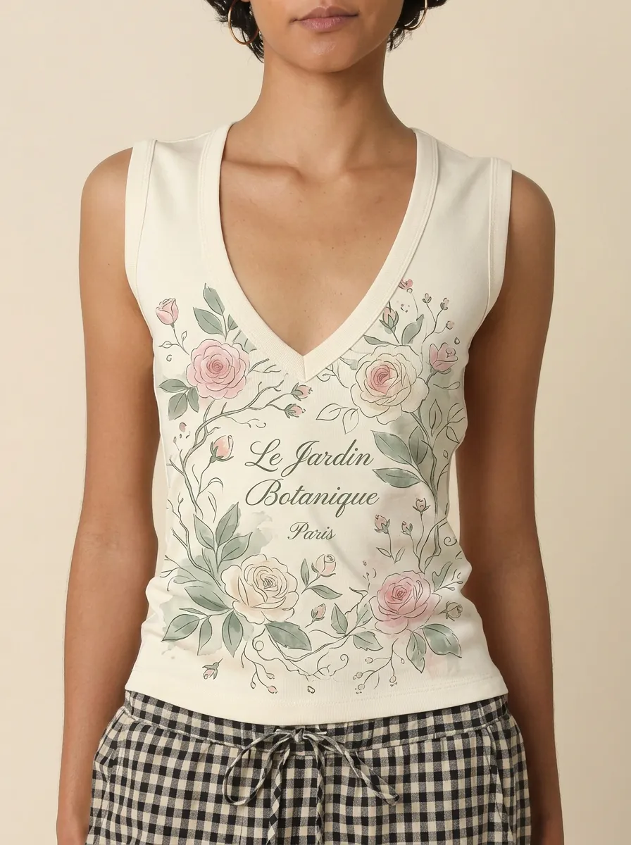 Women's Botanical Garden Lover Rose Floral Printed V-neck Tank Top