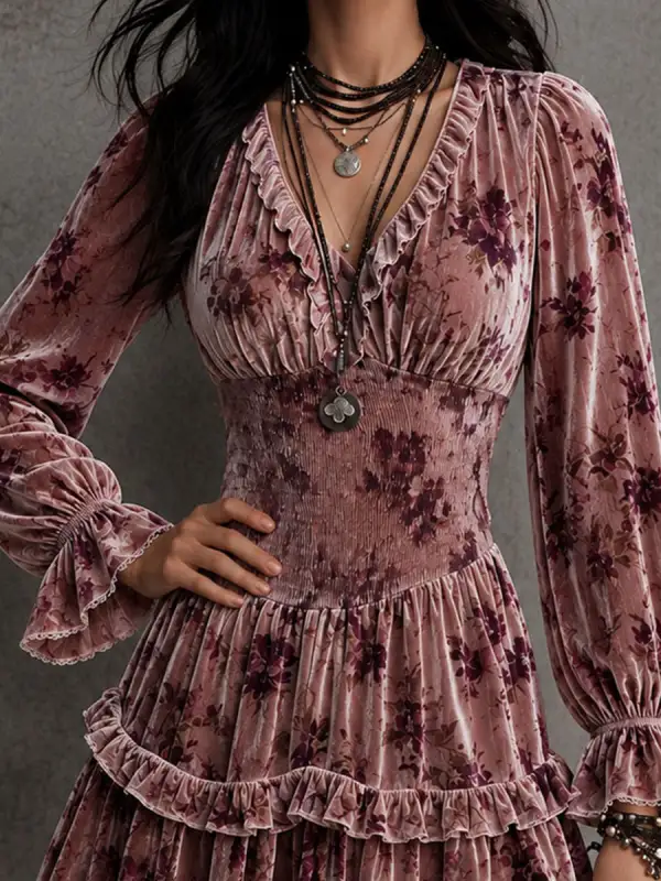 Boho Vintage Floral Velvet Smocked Waist Tiered MiniDress
