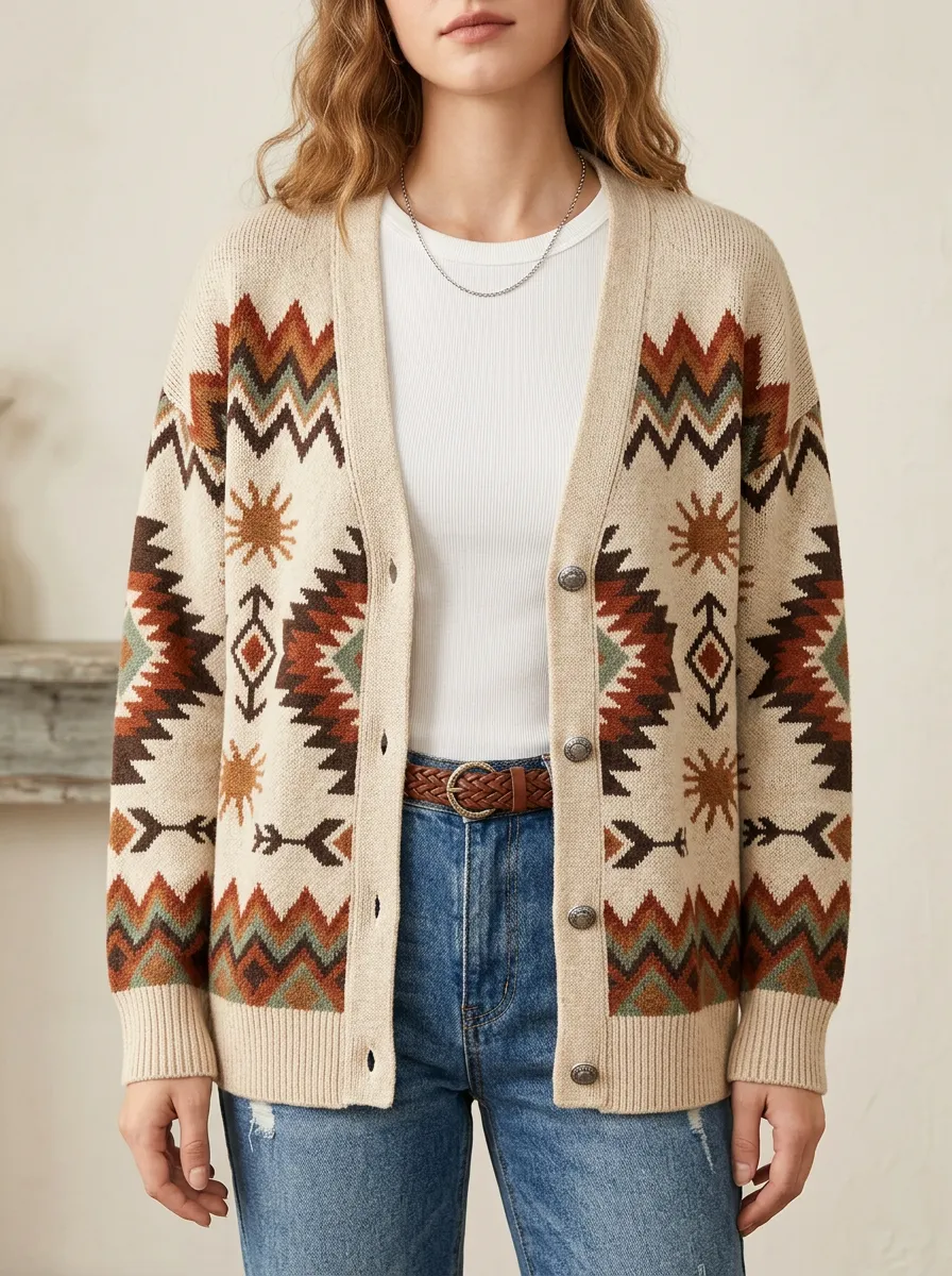 Women's Western Boho Sun Geometric Pattern Printed Cardigan
