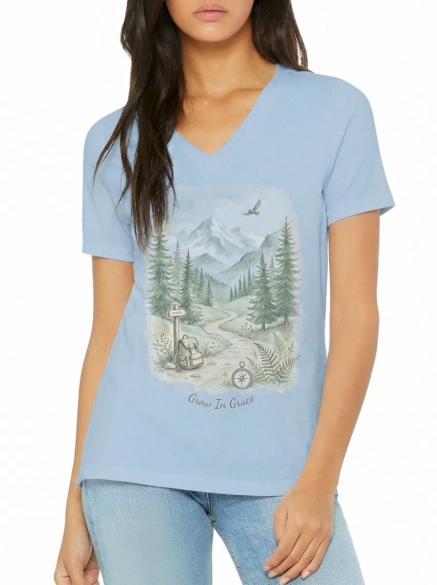 Women's Nature Hiking Lover Mountain Forest Printed V-neck T-shirt