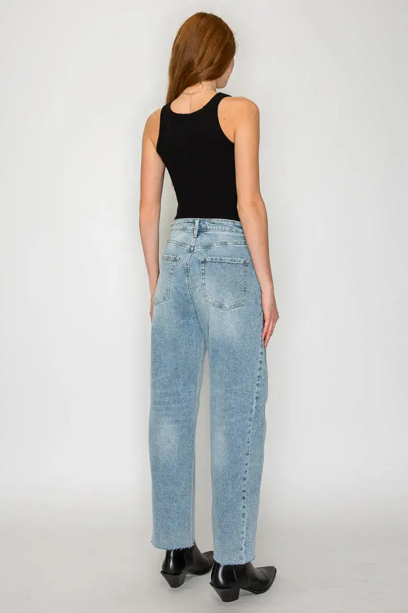 High Waist Vintage Style Barrel Leg Cropped Raw Hem Denim Jeans