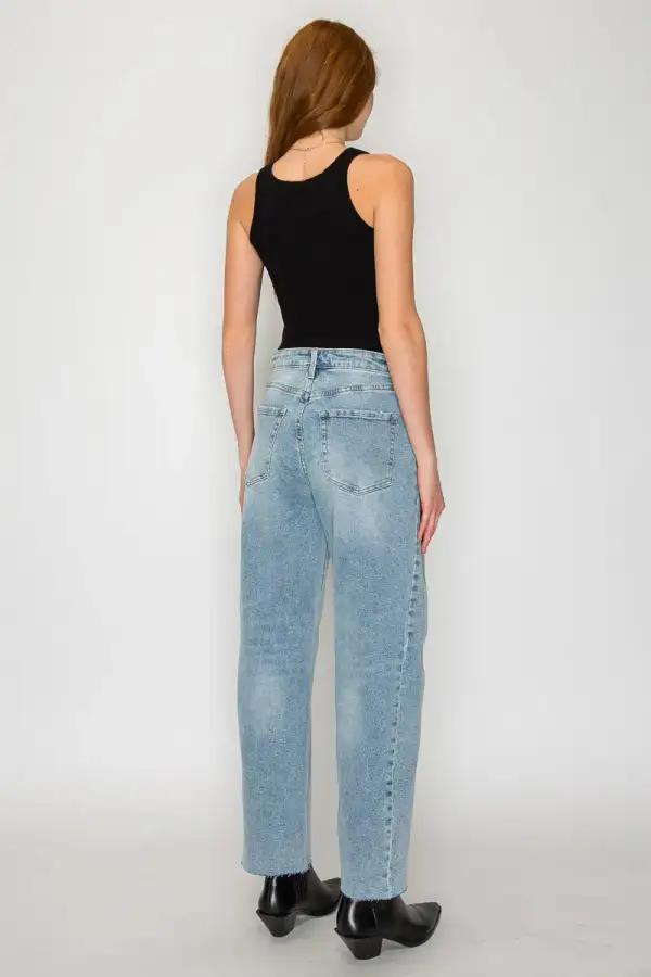 High Waist Vintage Style Barrel Leg Cropped Raw Hem Denim Jeans
