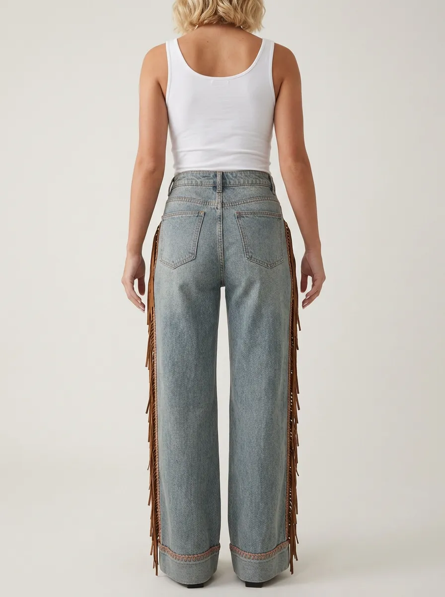 Women's Boho Celestial Sun Moon Fringed Printed Jeans
