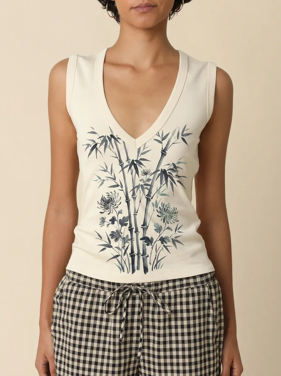 Women's Zen Bamboo Chrysanthemum Floral Printed tank top