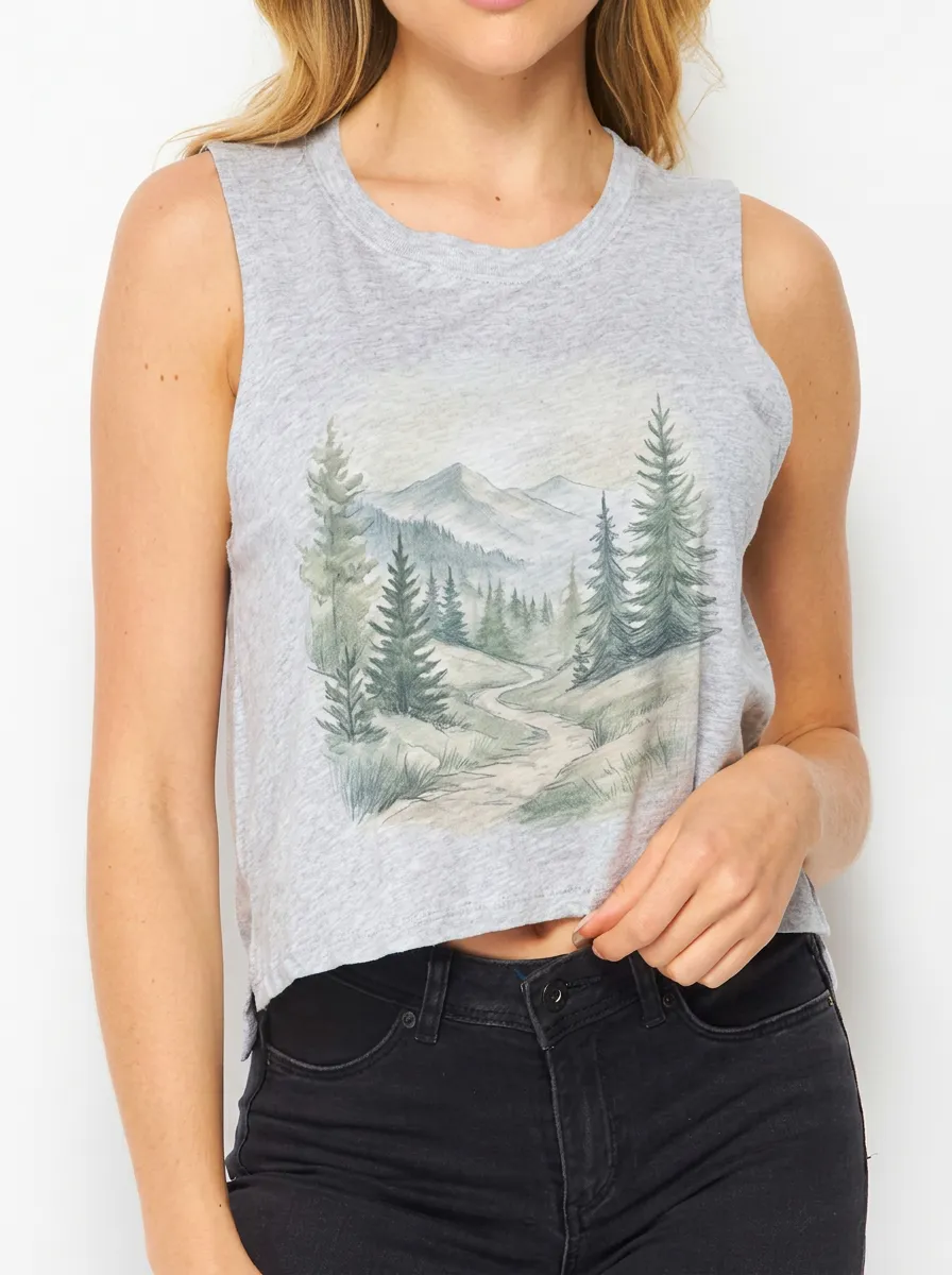 Women's Nature Lover Mountain Forest Path Printed Tank Top