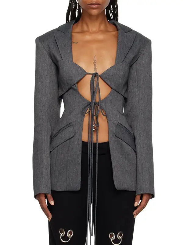 Long Sleeve Relaxed Pocket Solid Color Tie Waist Blazer