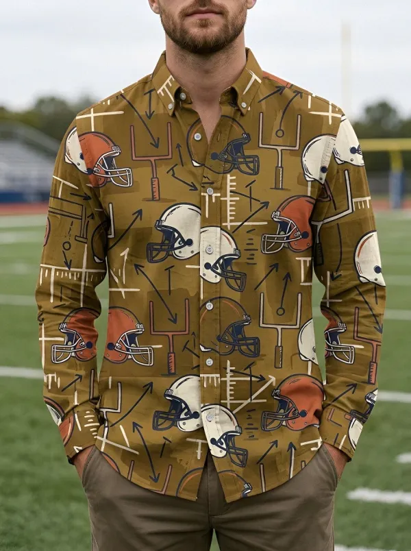 Men's American Football Helmet Playbook Printed Button-Down Shirt