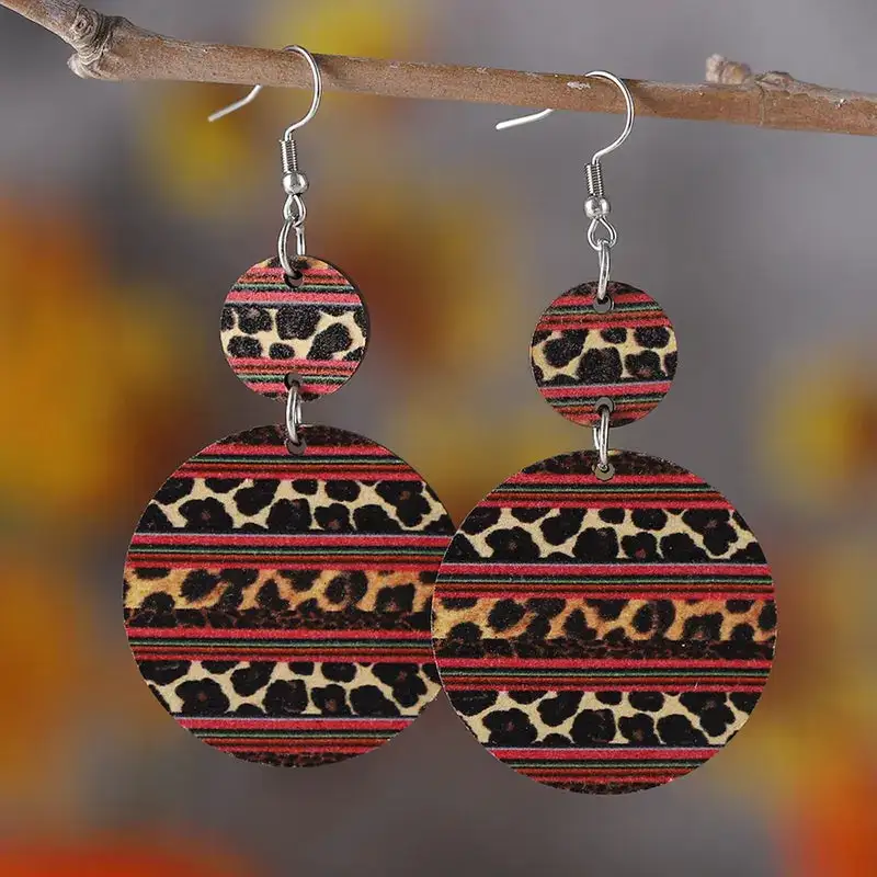 Wooden Animal Print Layered Statement Earrings
