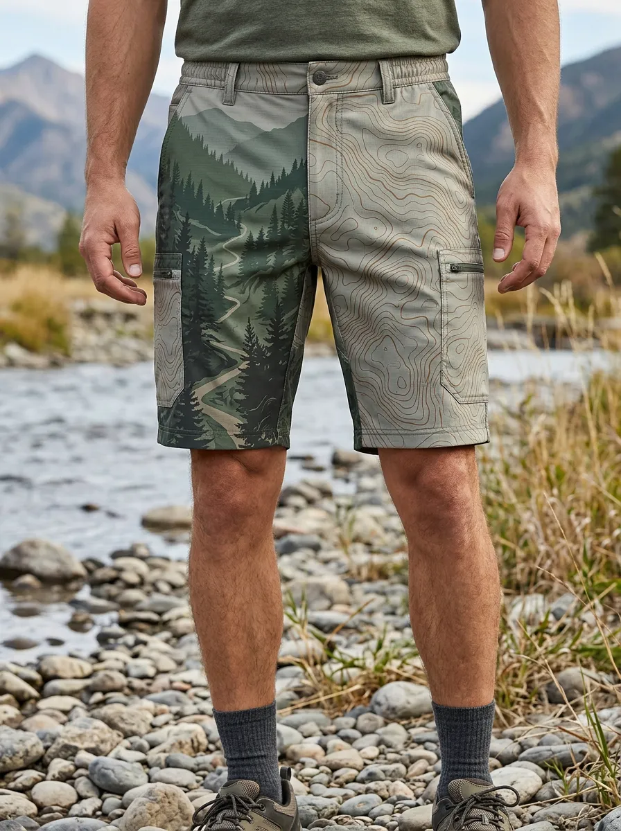 Men's Outdoor Hiking Forest Topographic Map Cargo Shorts