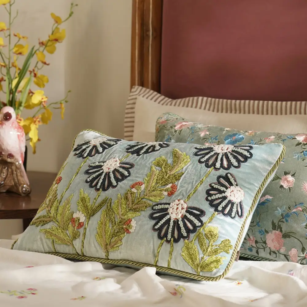 Blue Floral Velvet Cushion Cover