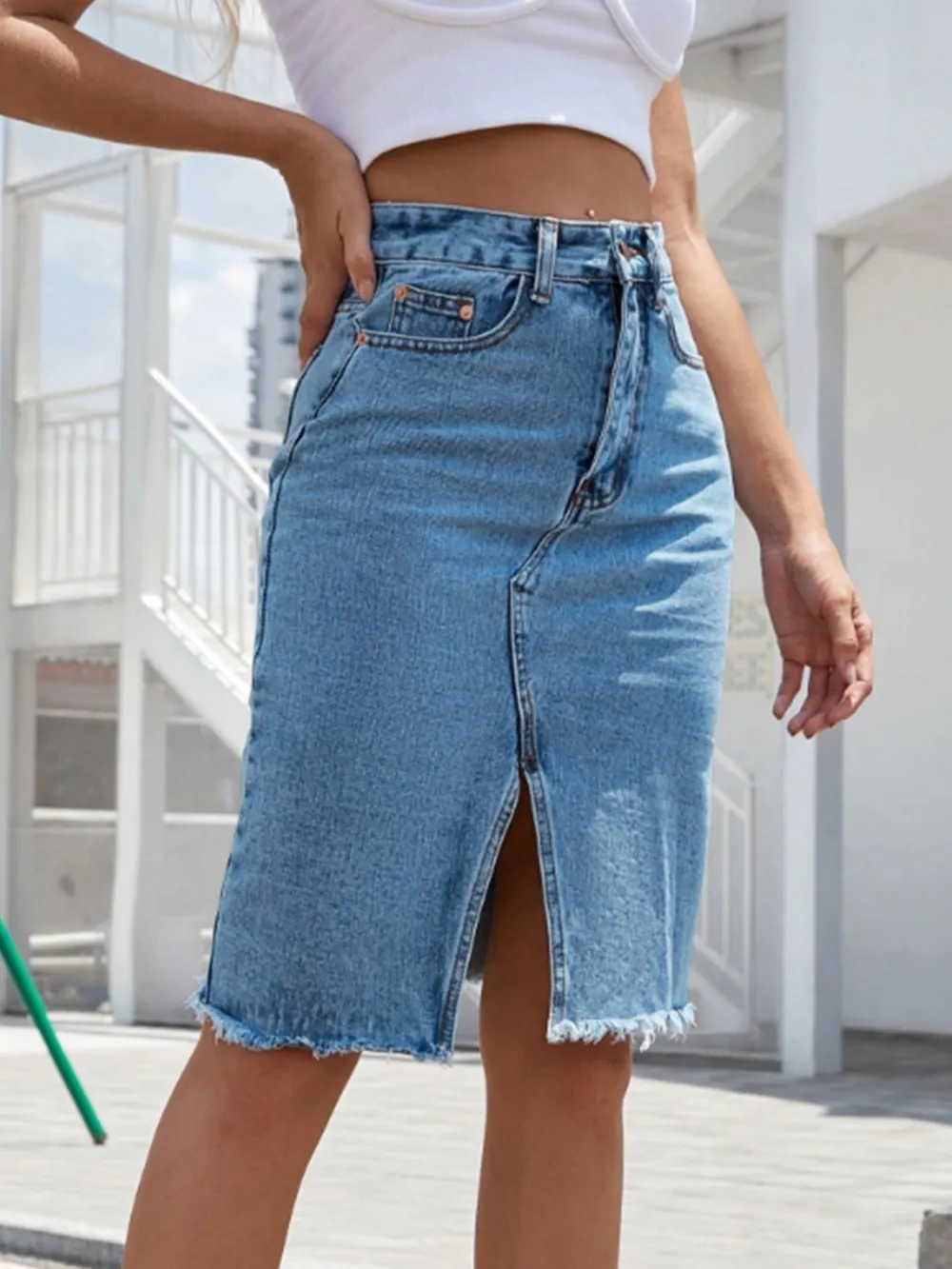 Balanced Button Front Denim Silhouette Skirt