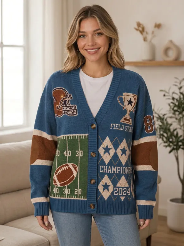 Women's Football Fan Championship Helmet Field Pattern Knitted Cardigan