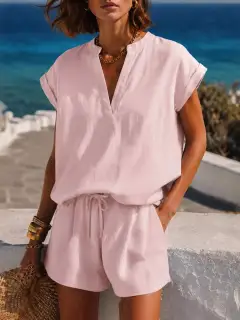 Refined Drawstring Pocketed Top and Shorts Matching Set