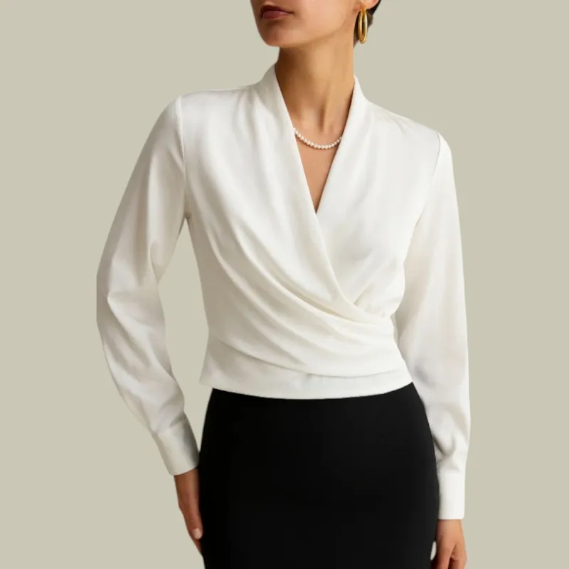 Wrap Front Long-Sleeve Satin Blouse