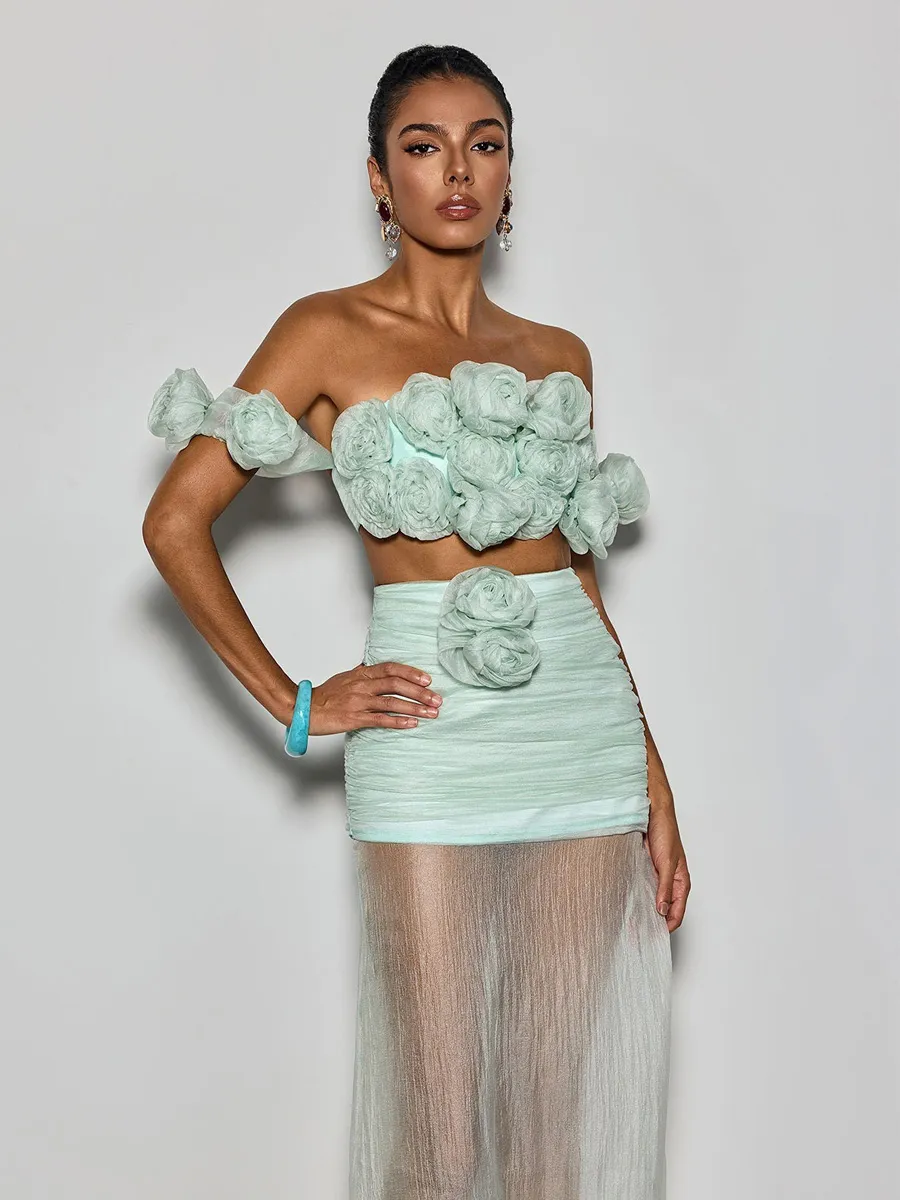 Peyton Off Shoulder Flower Mesh Skirt Set