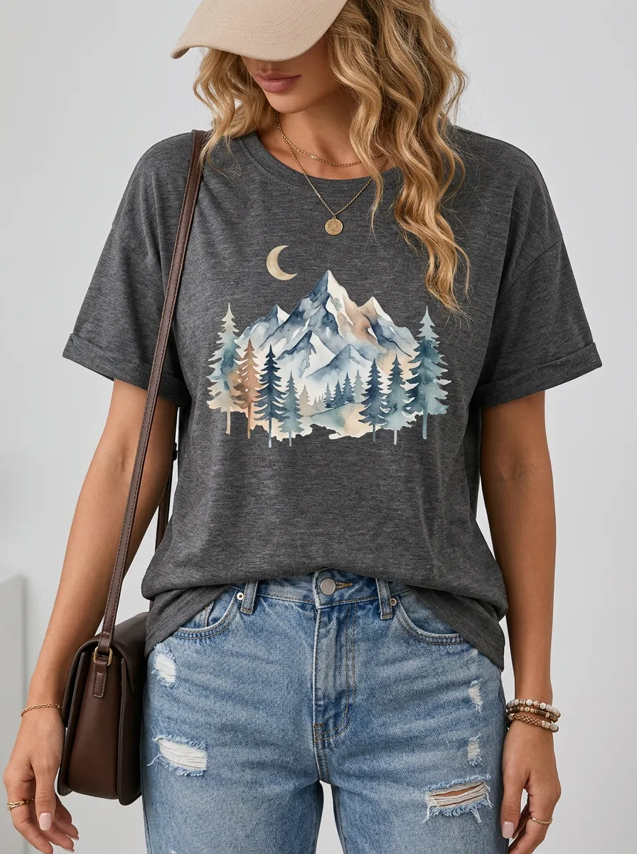 Women's Forest Moon Mountain Graphic T-Shirt