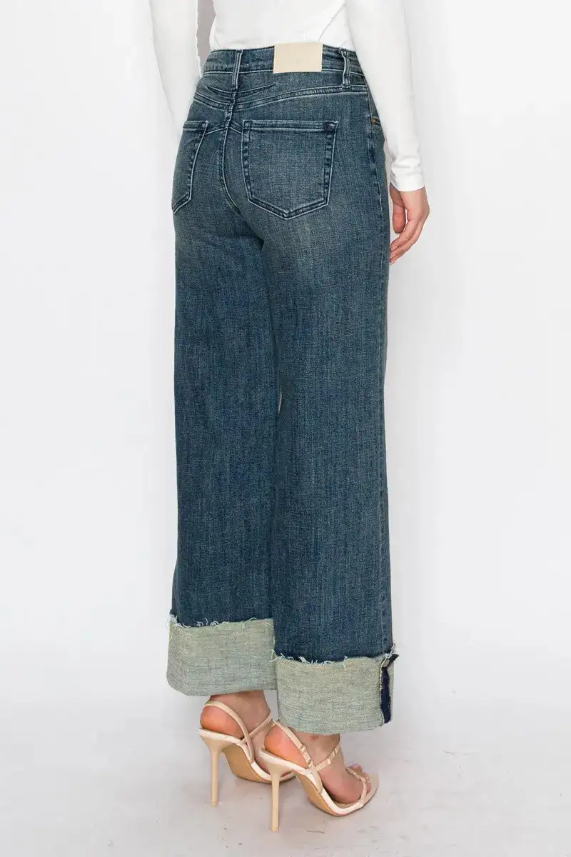 Tummy Control High Rise Wide Leg Cuffed Denim Jeans