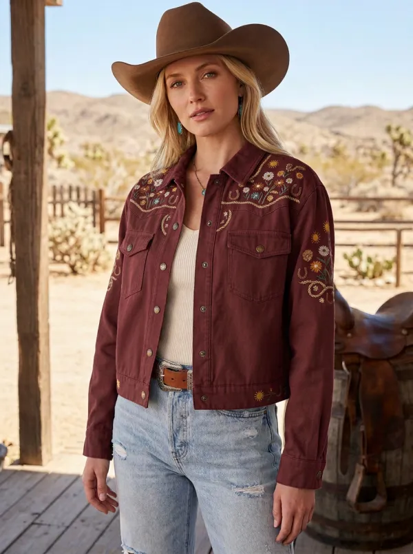Women's Western Cowgirl Horseshoe Horse Floral Embroidered Denim Jacket