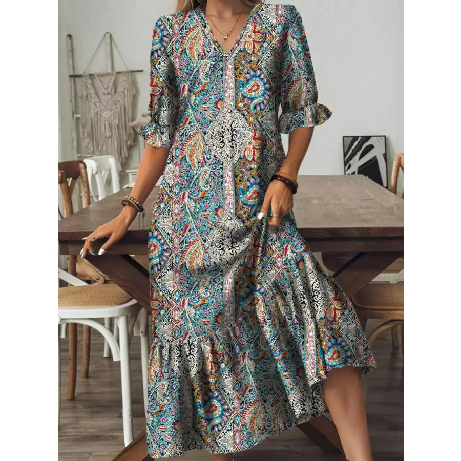 Full Size Bohemian Paisley V-Neck Midi Dress Plus Size
