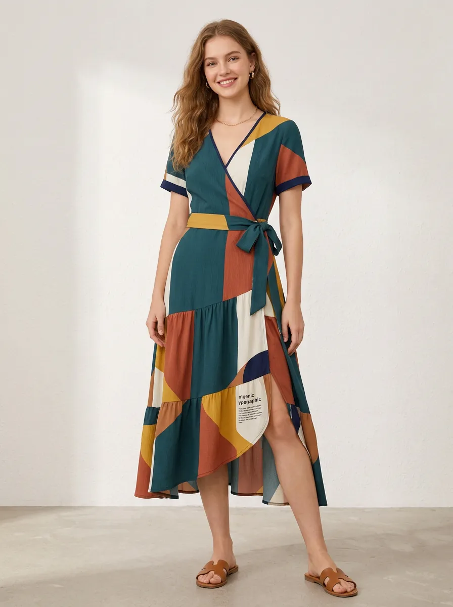 Women's Geometric Colorblock Printed Wrap Dress