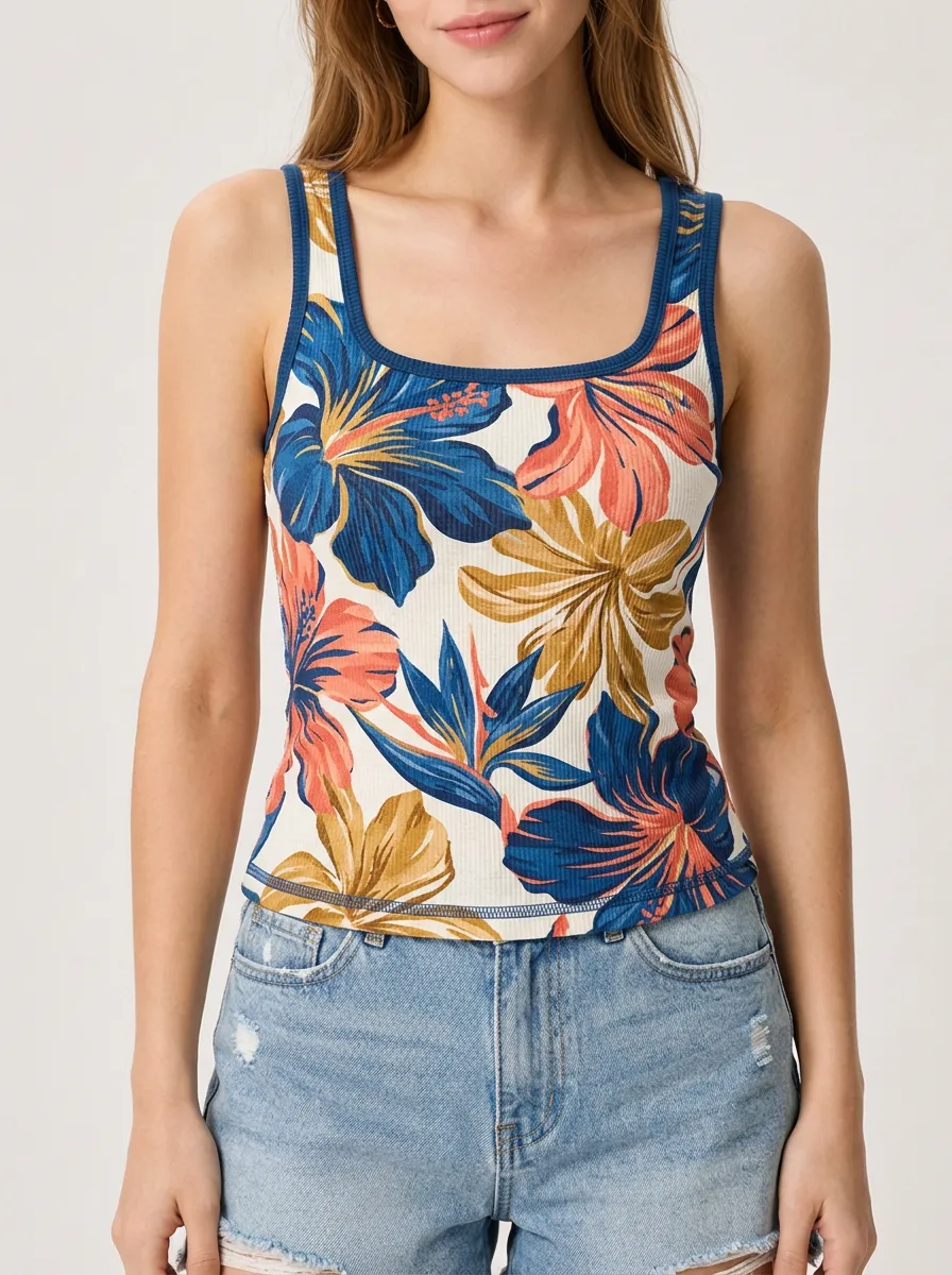 Women's Summer Beach Tropical Hibiscus Flower Printed Tank Top