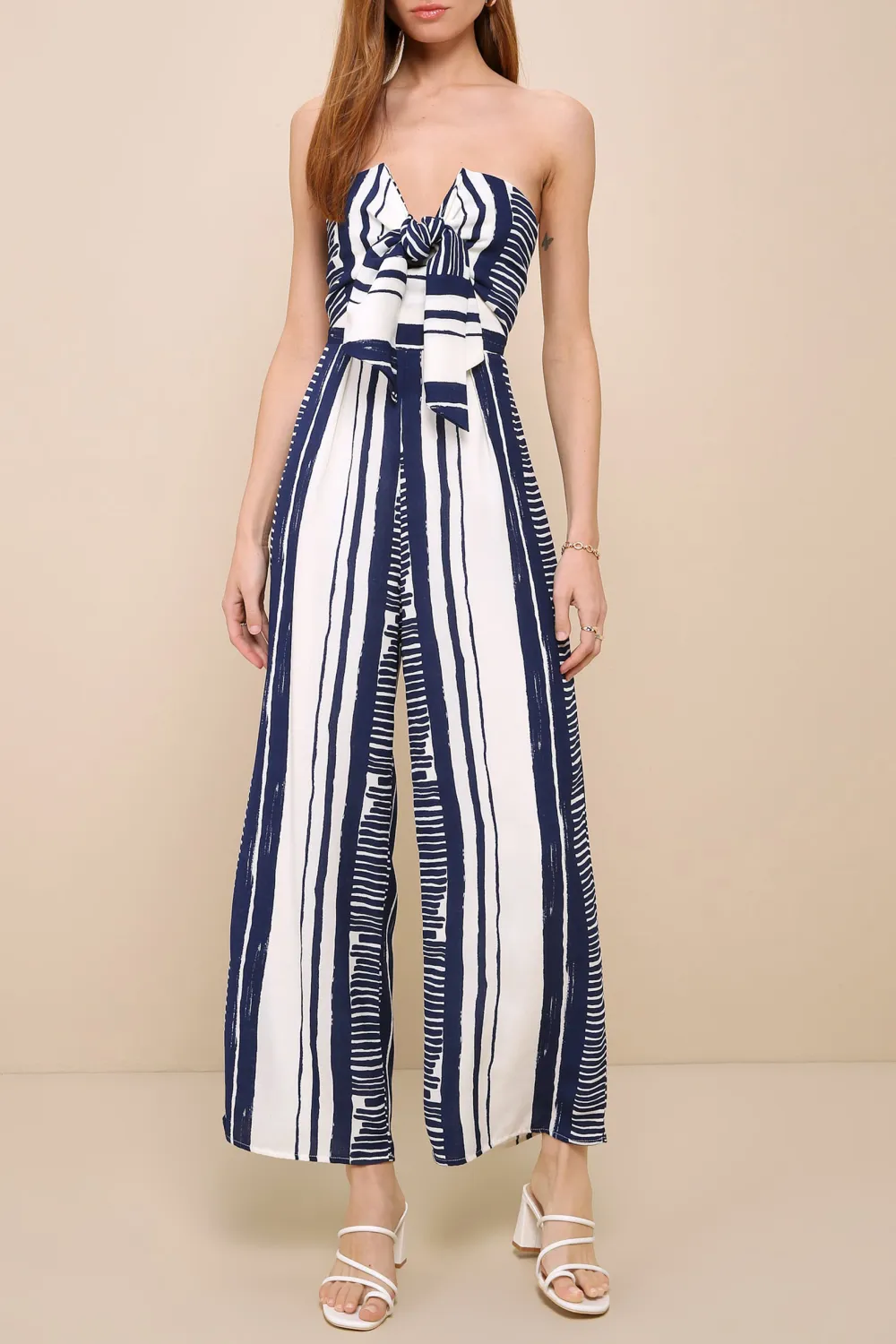 Daily Blue and White Striped Tie-Front Strapless Jumpsuit