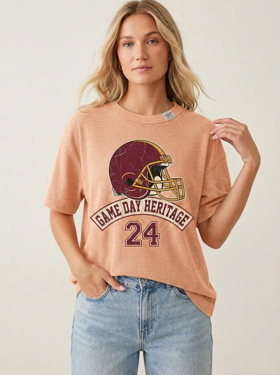 Women's Stadium Inspired Helmet Football Ball Crew Neck Graphic T-Shirt