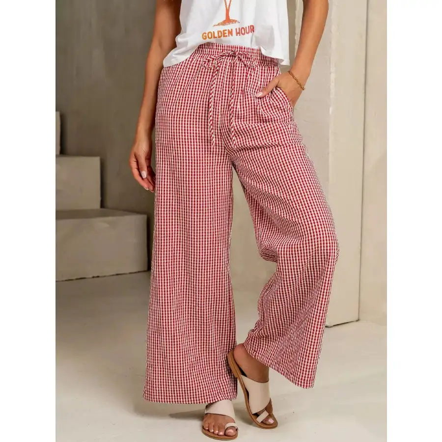 Gingham Print Wide Leg Casual Pants