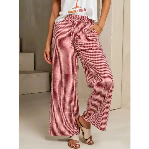 Gingham Print Wide Leg Casual Pants