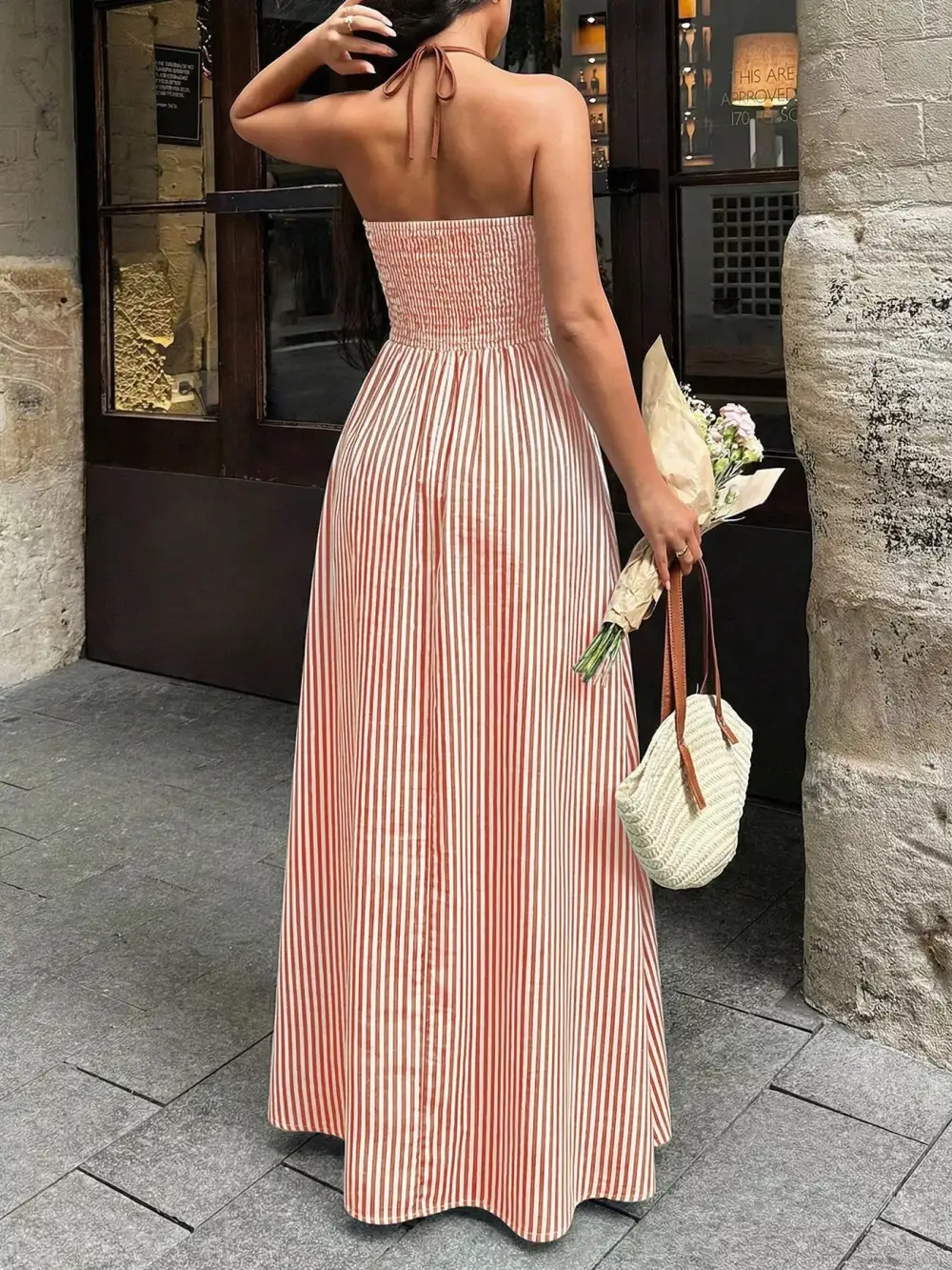 Classic Smocked Halter Striped Maxi Dress