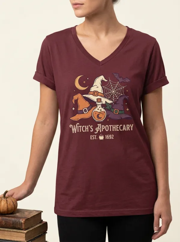 Women's Halloween Witch Apothecary Potion Hat Printed V-neck T-shirt