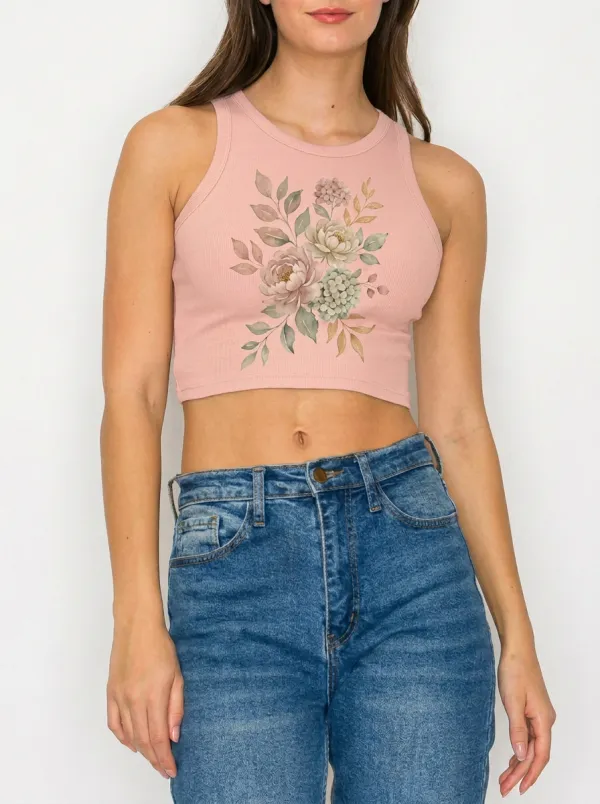 Women's Floral Lover Watercolor Peony Printed Crop Tank Top
