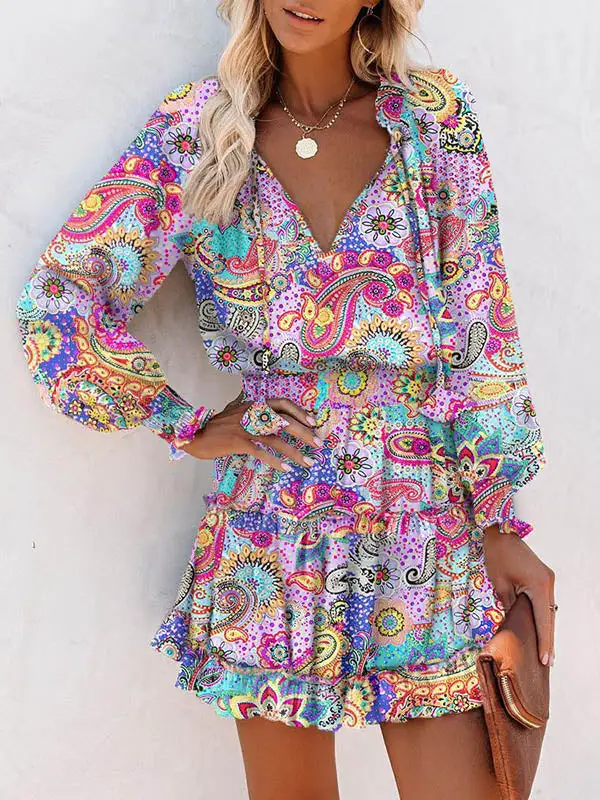 A Line Long Sleeve Contrast Color Flower Print Pleated Split Joint
