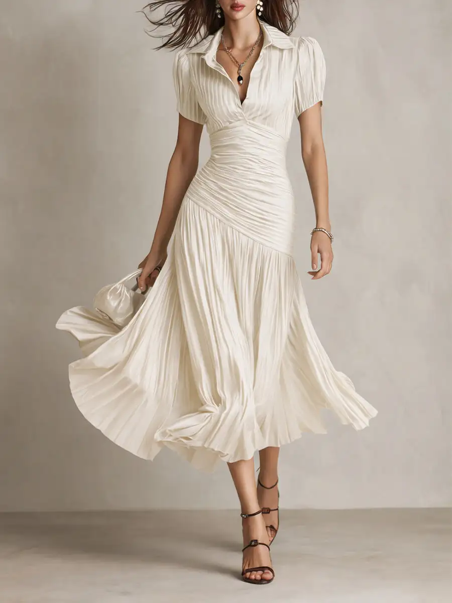 Retro Striped Satin Pleated Bodycon Midi Dress