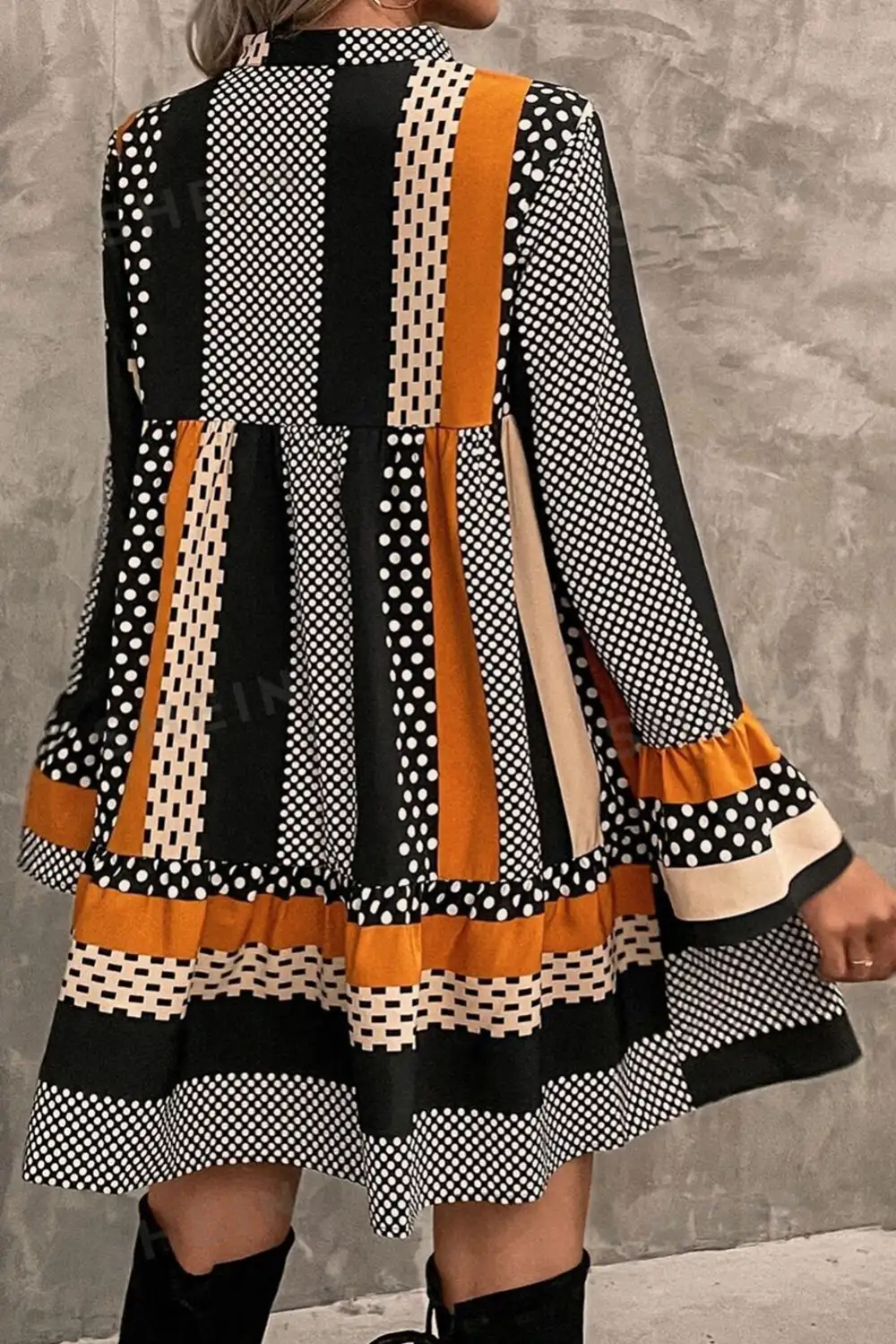 Polka Dot Striped Ruffle Trim Mini Dress