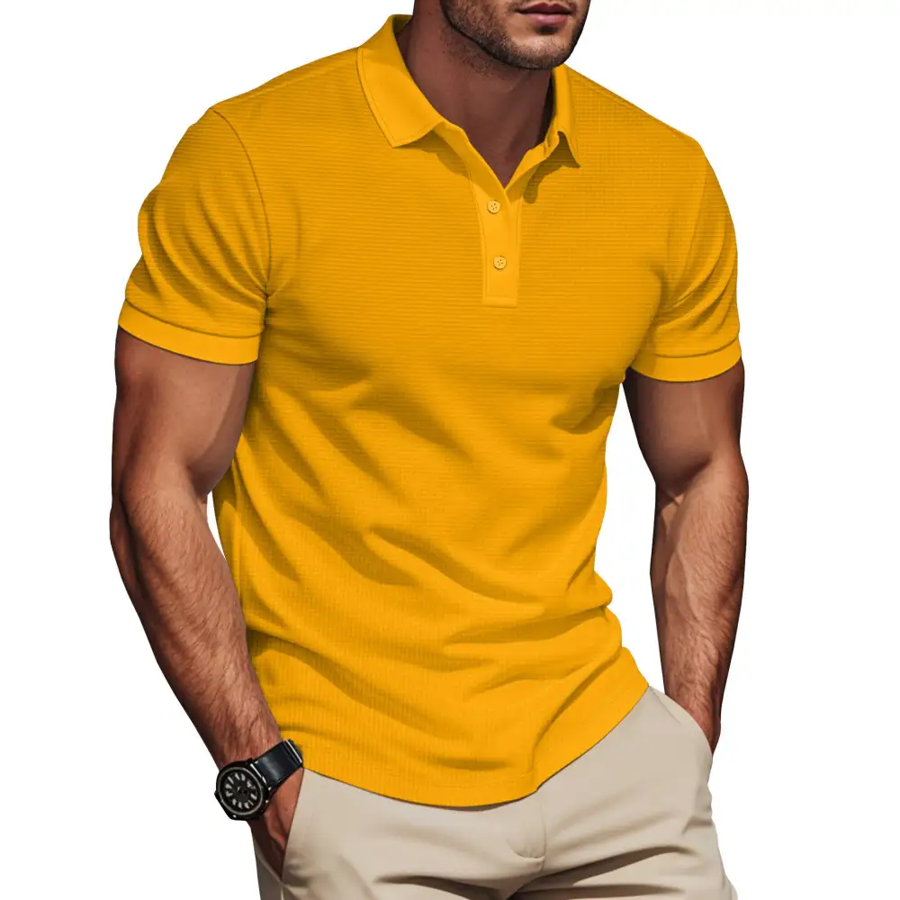 Waffle Texture Button Placket Fitted Polo Shirt
