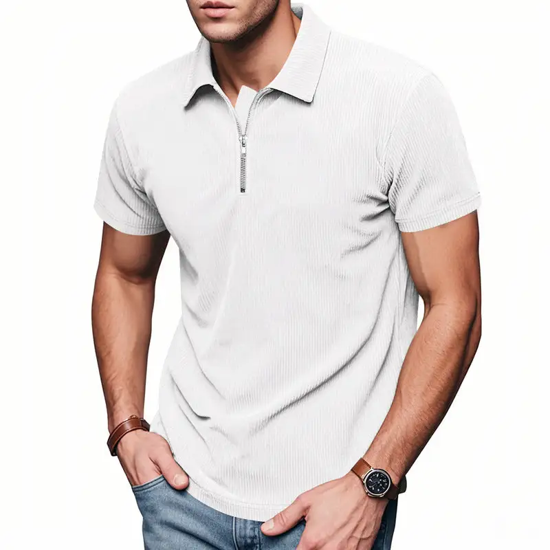 Ribbed Half Zip Short Sleeve Jersey Polo Shirt