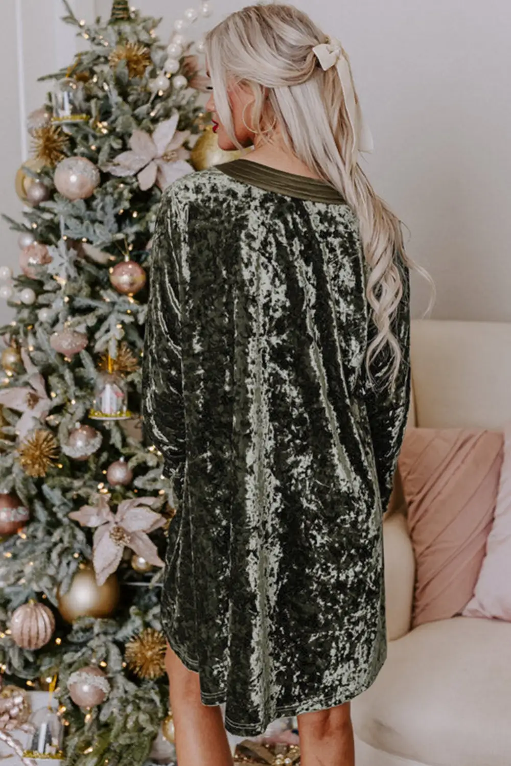 Pocket Detail V-Neck Long Sleeve Mini Dress
