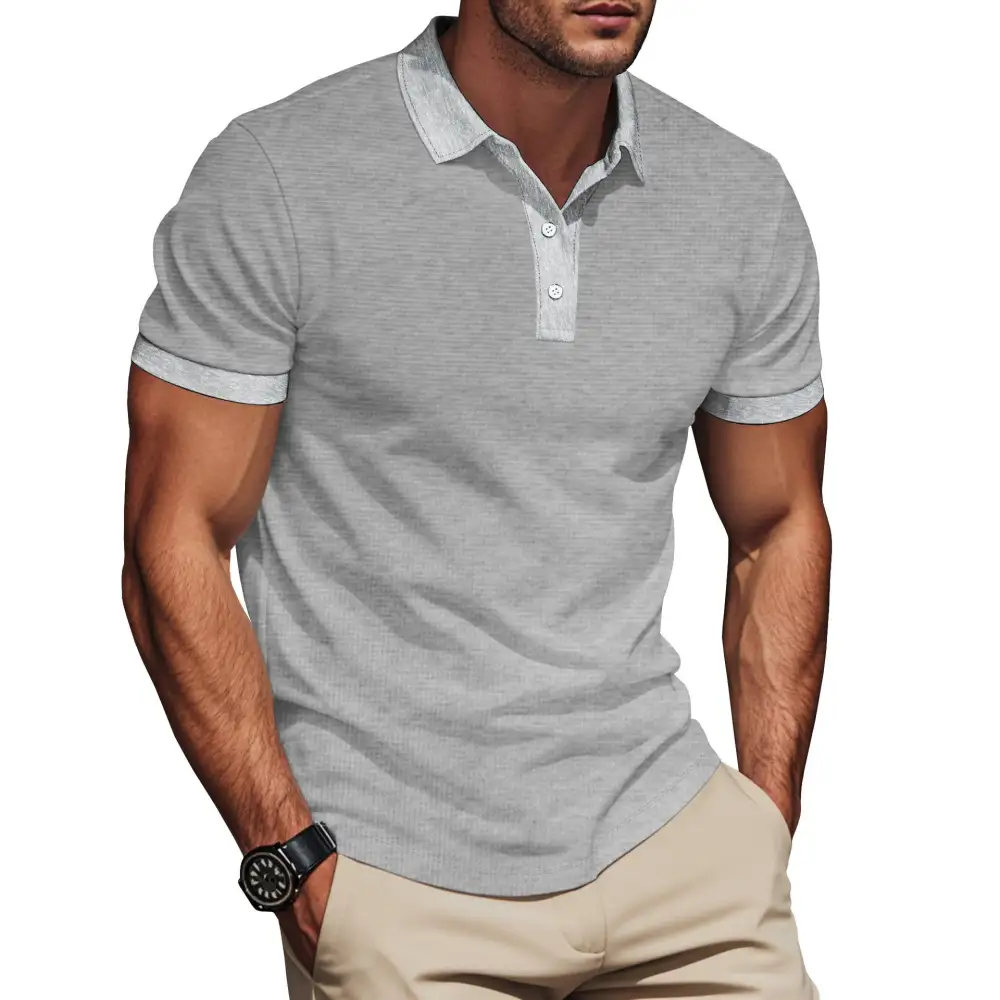 Waffle Texture Button Placket Fitted Polo Shirt