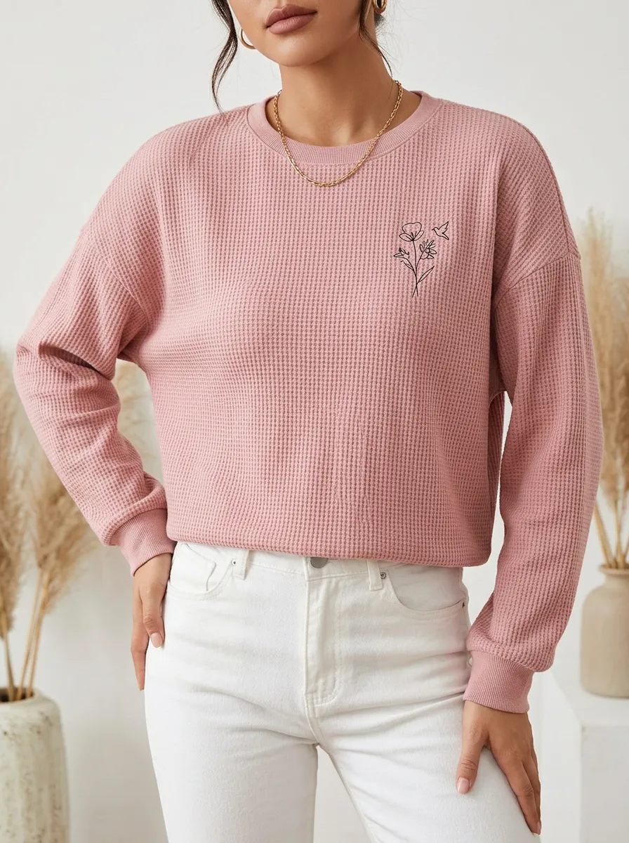 Women's Floral Hummingbird Minimalist Line Art Printed Waffle Knit Top