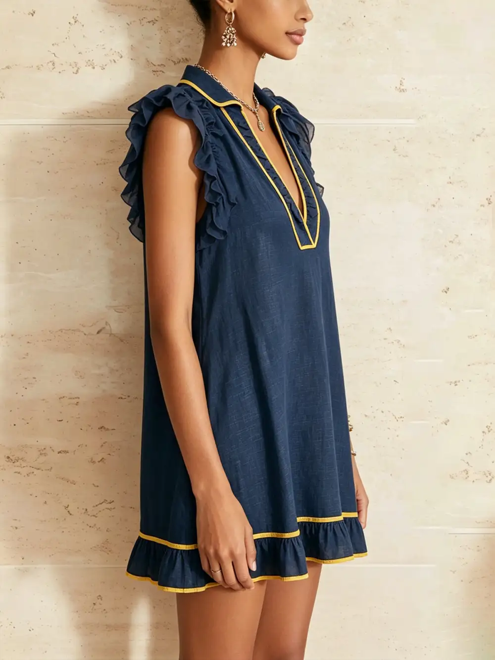 Contrast Trim Ruffle Mini Dress