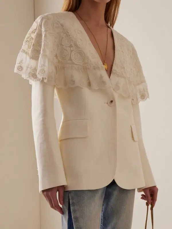 Long Sleeve Button Front Embroidered Pocket Split Deep Blazer