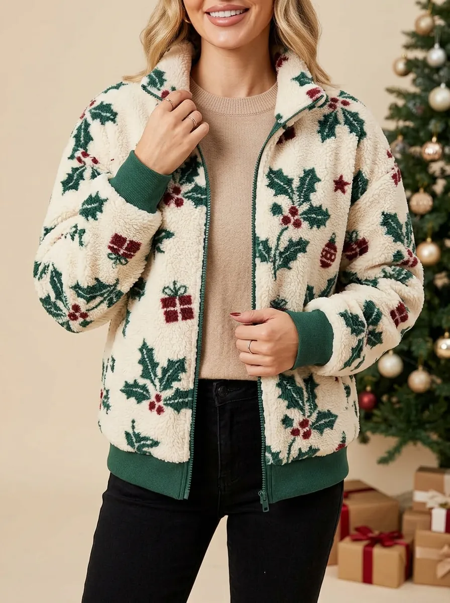 Women's Christmas Holly Gift Printed Fleece Zip-up Jacket