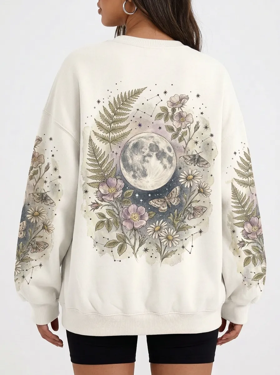 Women's Celestial Moon Moth Floral Printed Sweatshirt