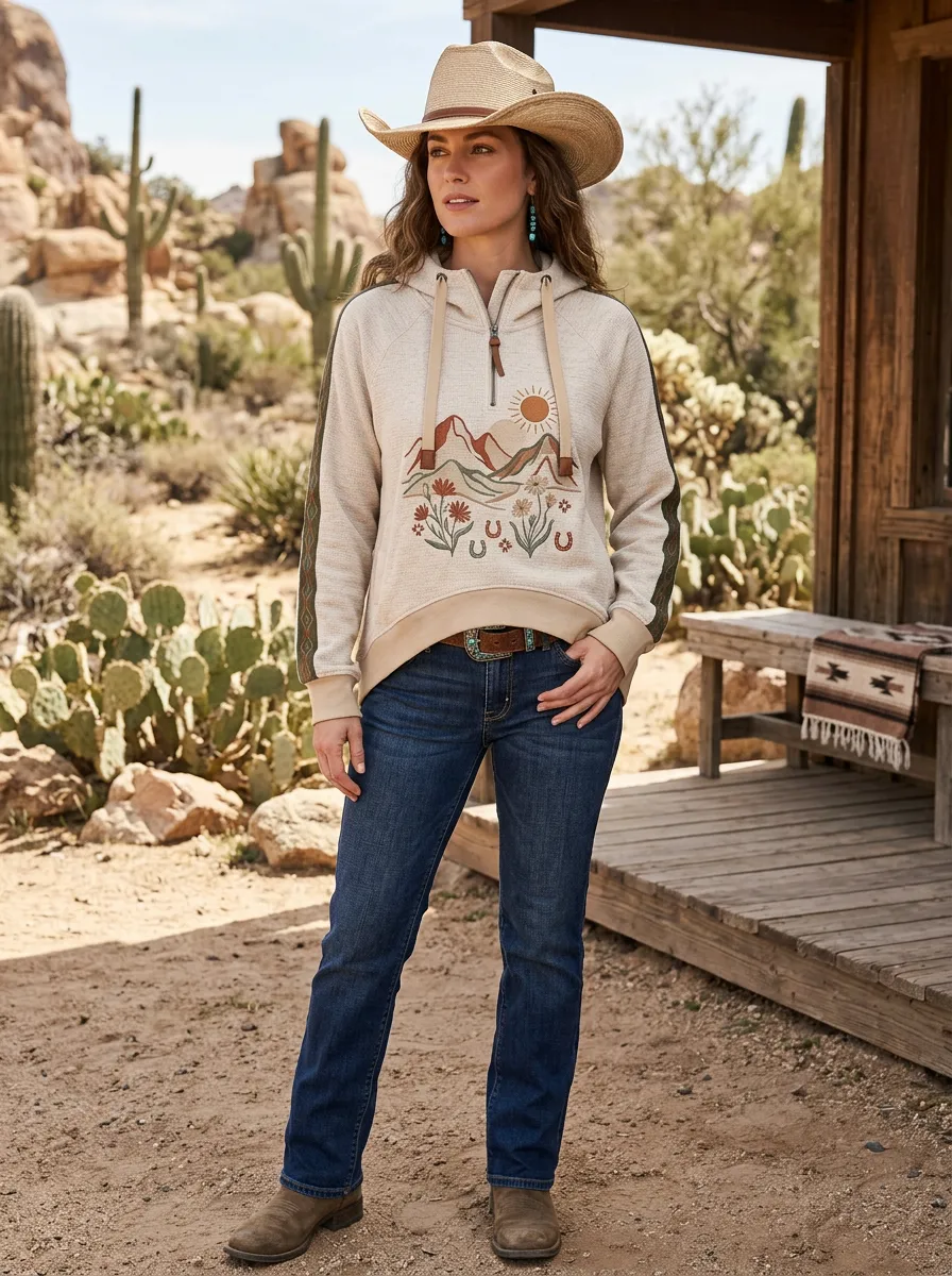Women's Western Desert Mountain Horseshoe Printed Hoodie