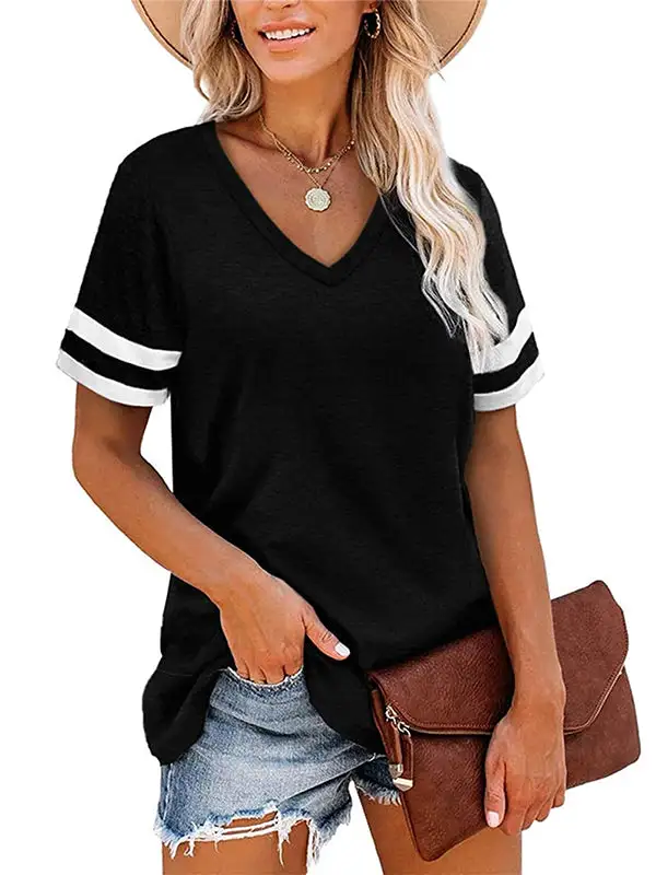 Relaxed Short Sleeve Contrast Stripe V-Neck T-Shirt