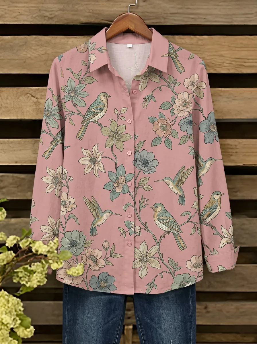 Bird Floral Nature Women's Loose Printed Shirt